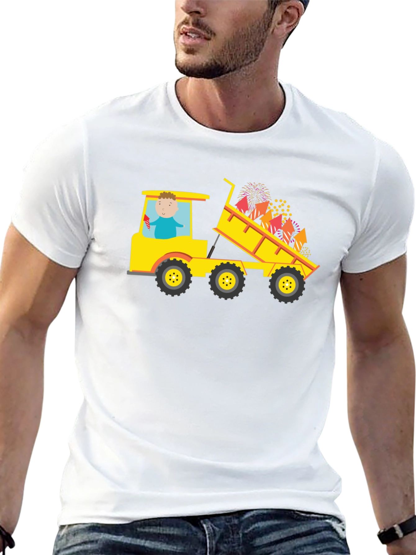 Black T-Shirt with Construction Truck Fireworks Graphic