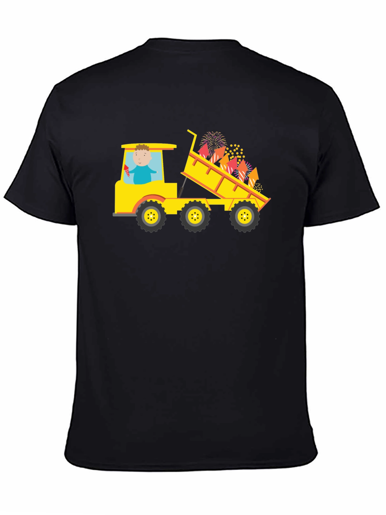 Black T-Shirt with Construction Truck Fireworks Graphic