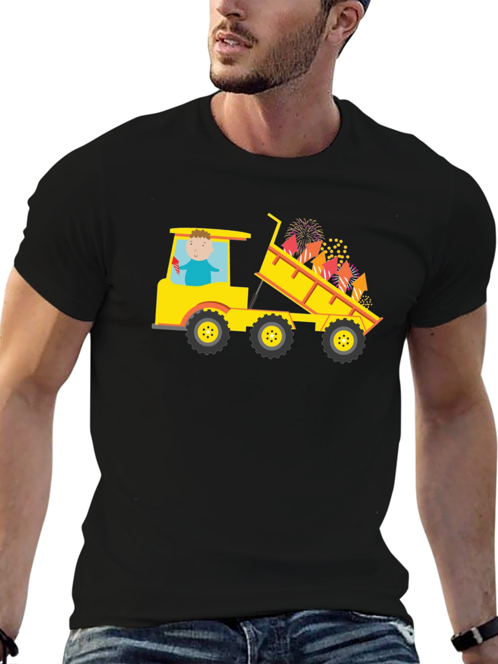 Black T-Shirt with Construction Truck Fireworks Graphic