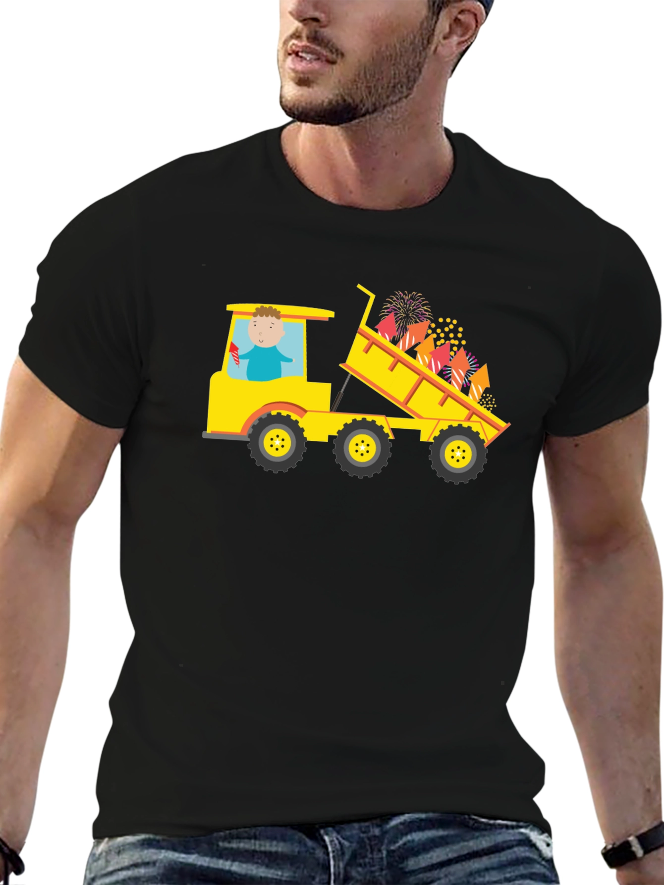 Black T-Shirt with Construction Truck Fireworks Graphic