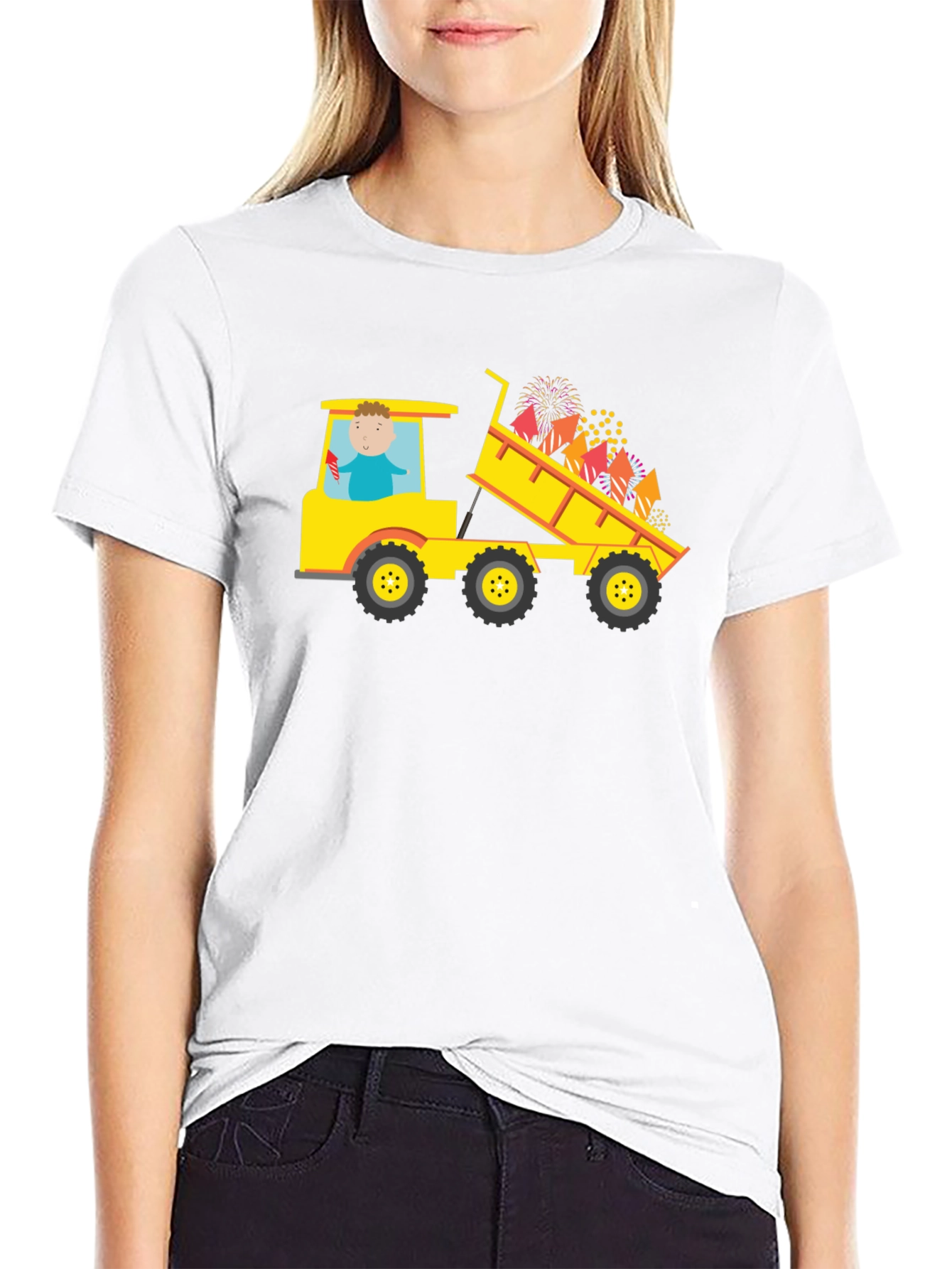 Black T-Shirt with Construction Truck Fireworks Graphic