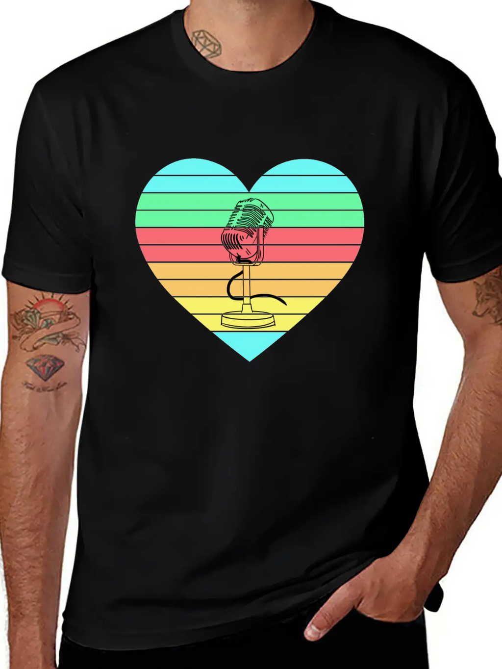 Microphone Heart Rainbow Design Basic Graphic T-Shirt – Daily Comfort In Soft Cotton