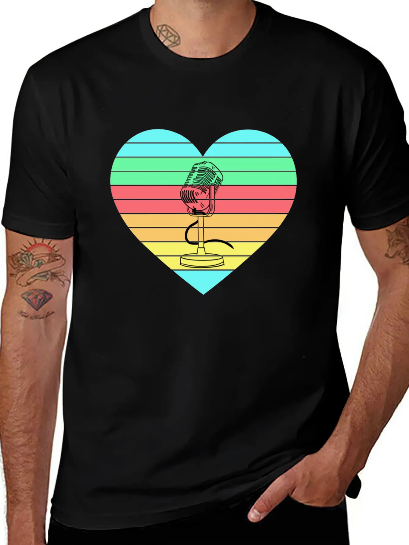 Microphone Heart Rainbow Design Basic Graphic T-Shirt – Daily Comfort In Soft Cotton