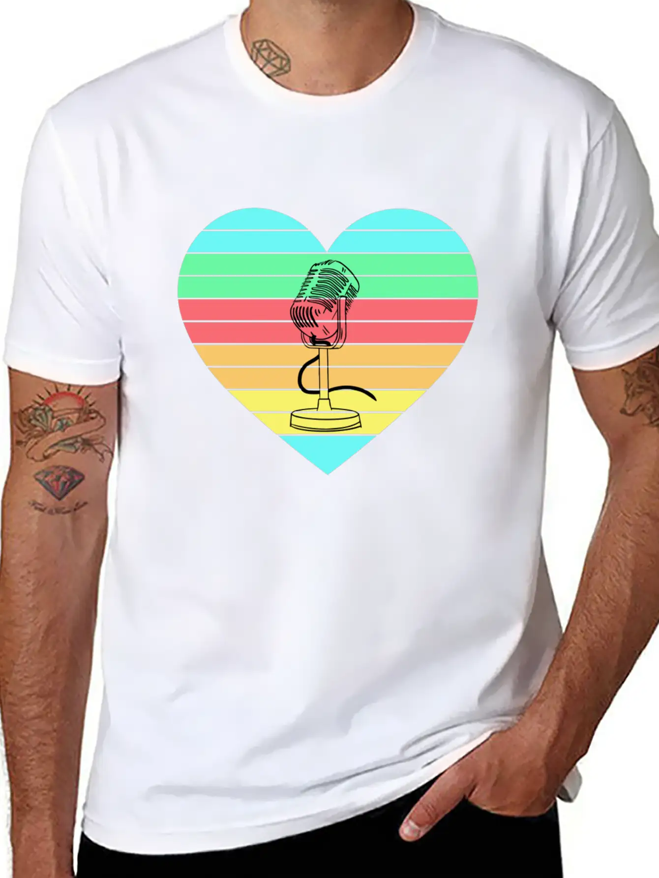 Microphone Heart Rainbow Design Basic Graphic T-Shirt – Daily Comfort In Soft Cotton