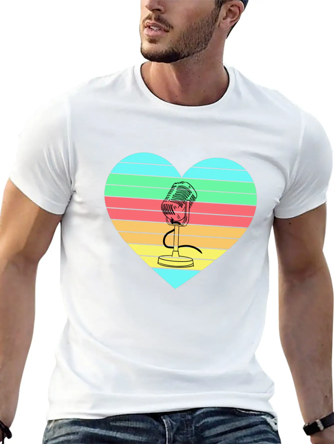 Microphone Heart Rainbow Design Basic Graphic T-Shirt – Daily Comfort In Soft Cotton