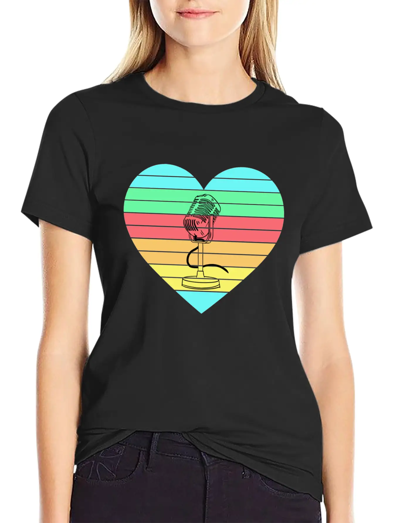 Microphone Heart Rainbow Design Basic Graphic T-Shirt – Daily Comfort In Soft Cotton