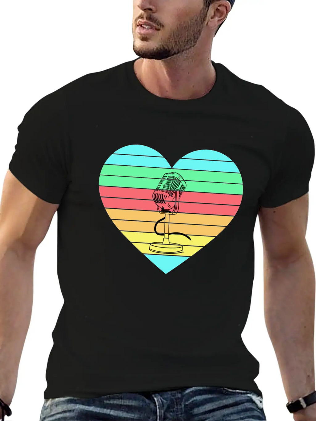 Microphone Heart Rainbow Design Basic Graphic T-Shirt – Daily Comfort In Soft Cotton