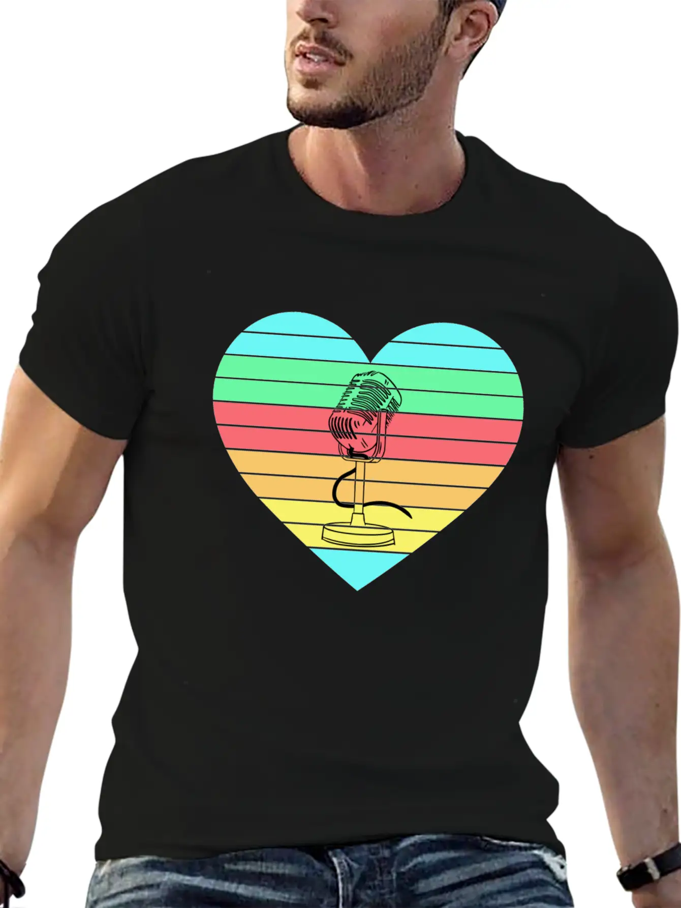 Microphone Heart Rainbow Design Basic Graphic T-Shirt – Daily Comfort In Soft Cotton