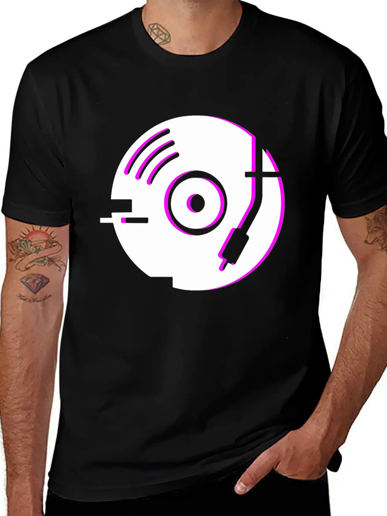 Minimal Glitch Vinyl Record Player Stylish Everyday T-Shirt – Unisex Basic Cotton Tee