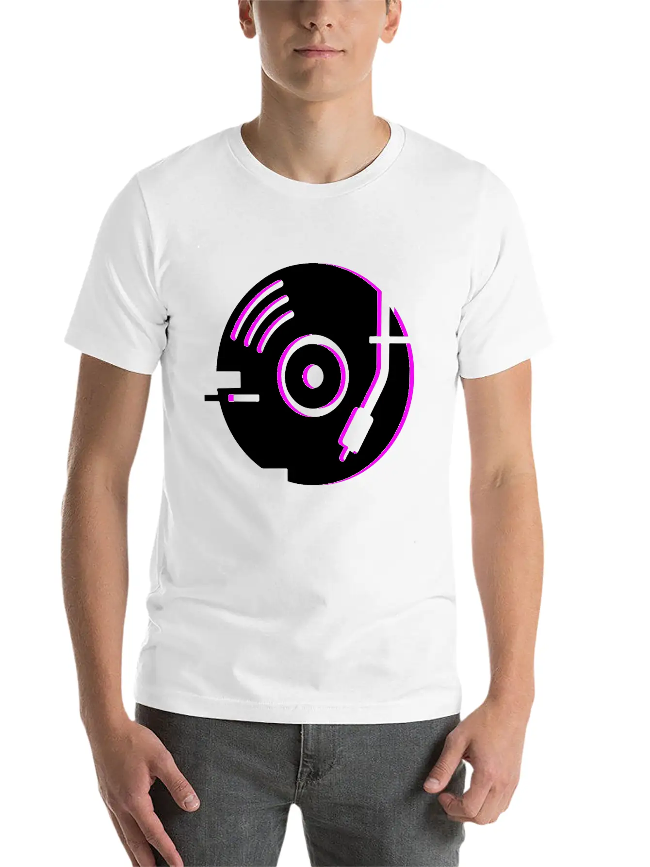 Minimal Glitch Vinyl Record Player Stylish Everyday T-Shirt – Unisex Basic Cotton Tee