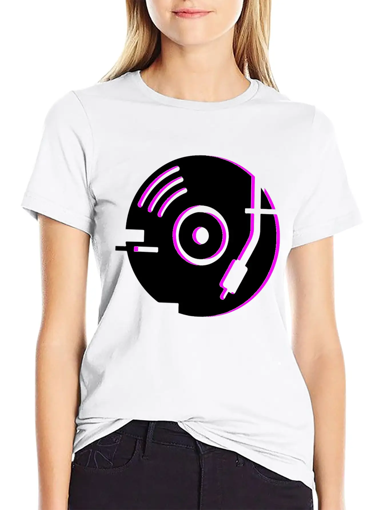 Minimal Glitch Vinyl Record Player Stylish Everyday T-Shirt – Unisex Basic Cotton Tee