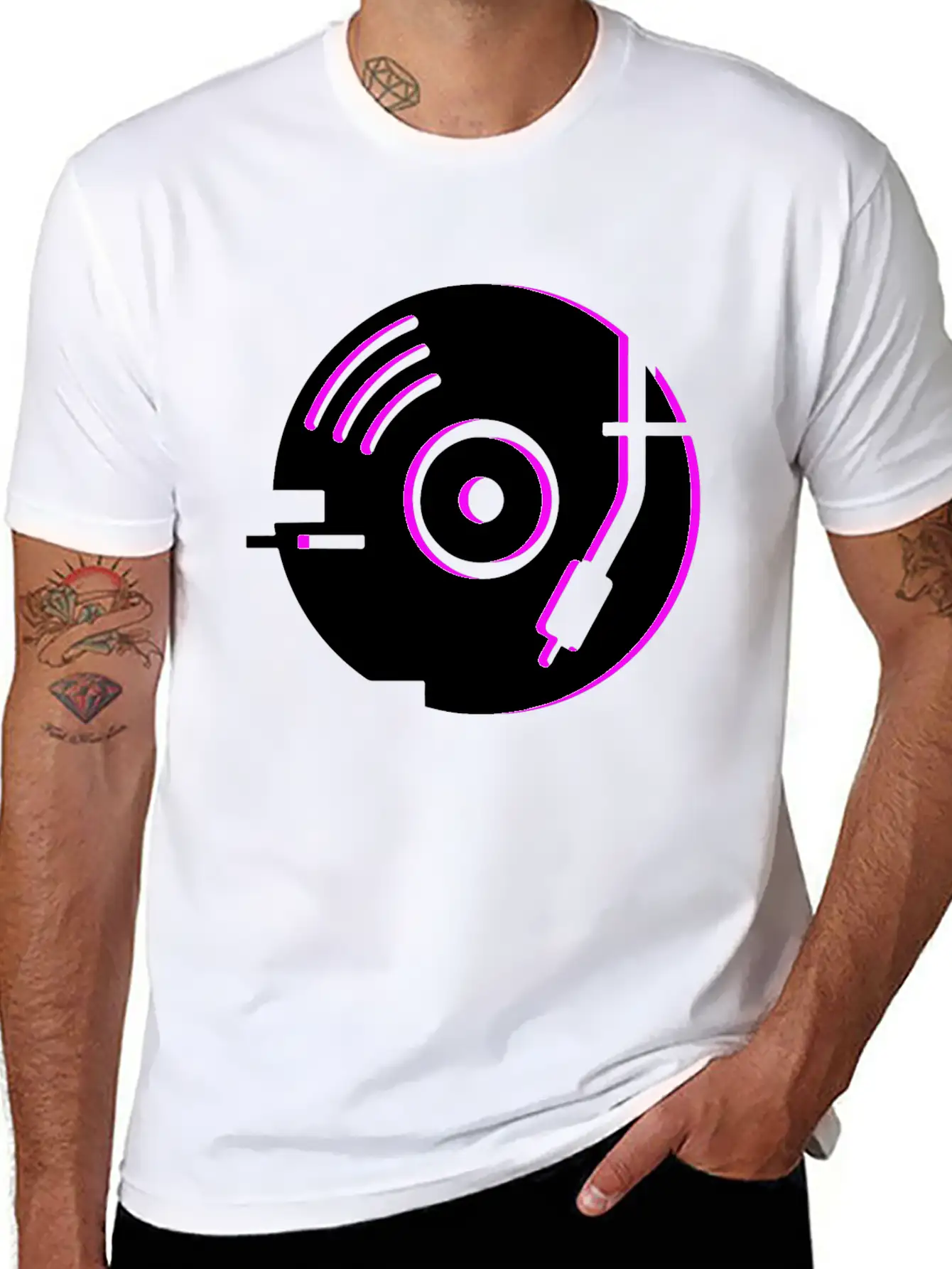 Minimal Glitch Vinyl Record Player Stylish Everyday T-Shirt – Unisex Basic Cotton Tee