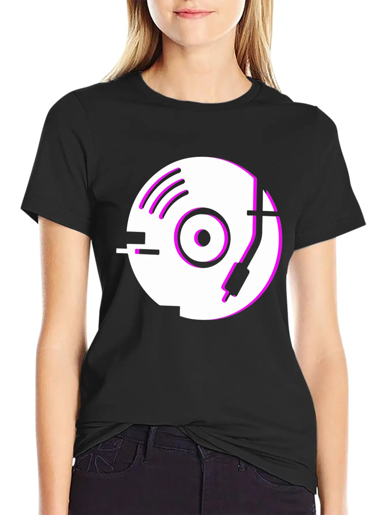 Minimal Glitch Vinyl Record Player Stylish Everyday T-Shirt – Unisex Basic Cotton Tee