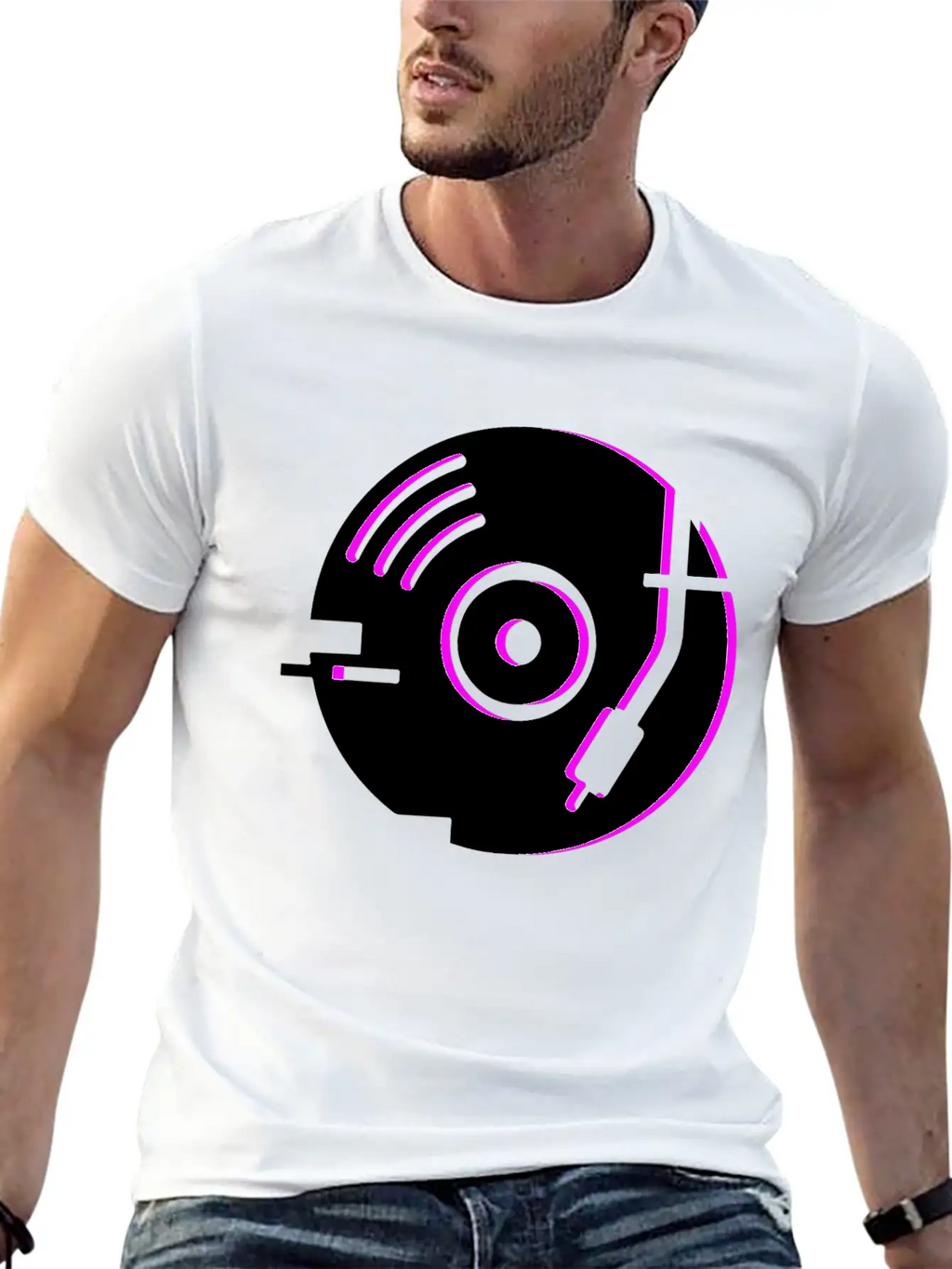 Minimal Glitch Vinyl Record Player Stylish Everyday T-Shirt – Unisex Basic Cotton Tee