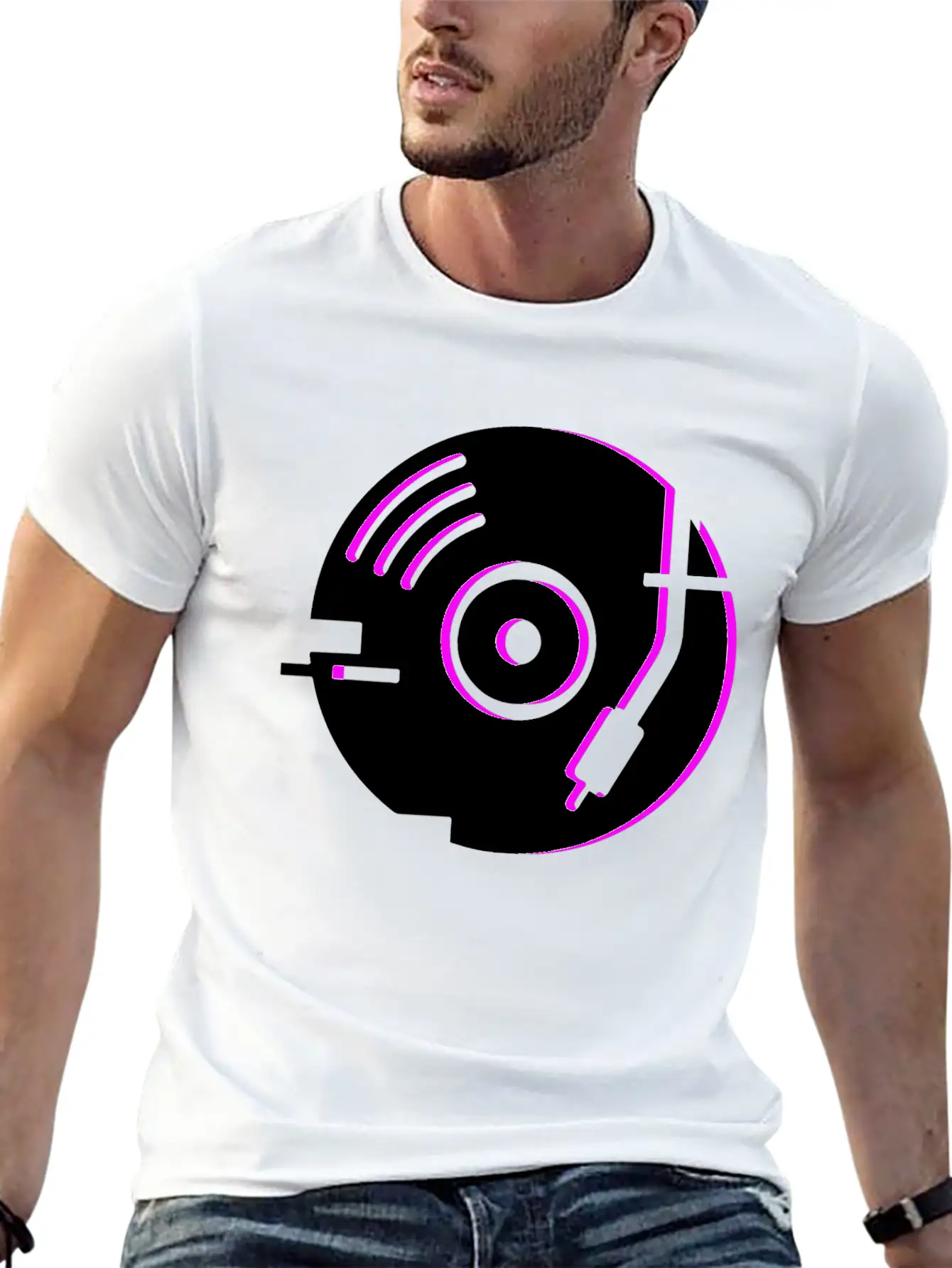 Minimal Glitch Vinyl Record Player Stylish Everyday T-Shirt – Unisex Basic Cotton Tee