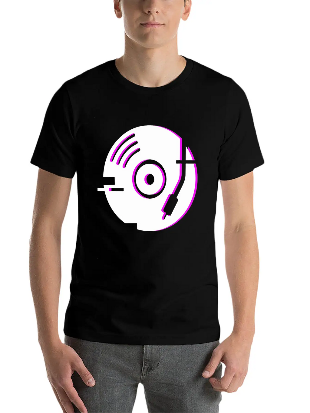Minimal Glitch Vinyl Record Player Stylish Everyday T-Shirt – Unisex Basic Cotton Tee