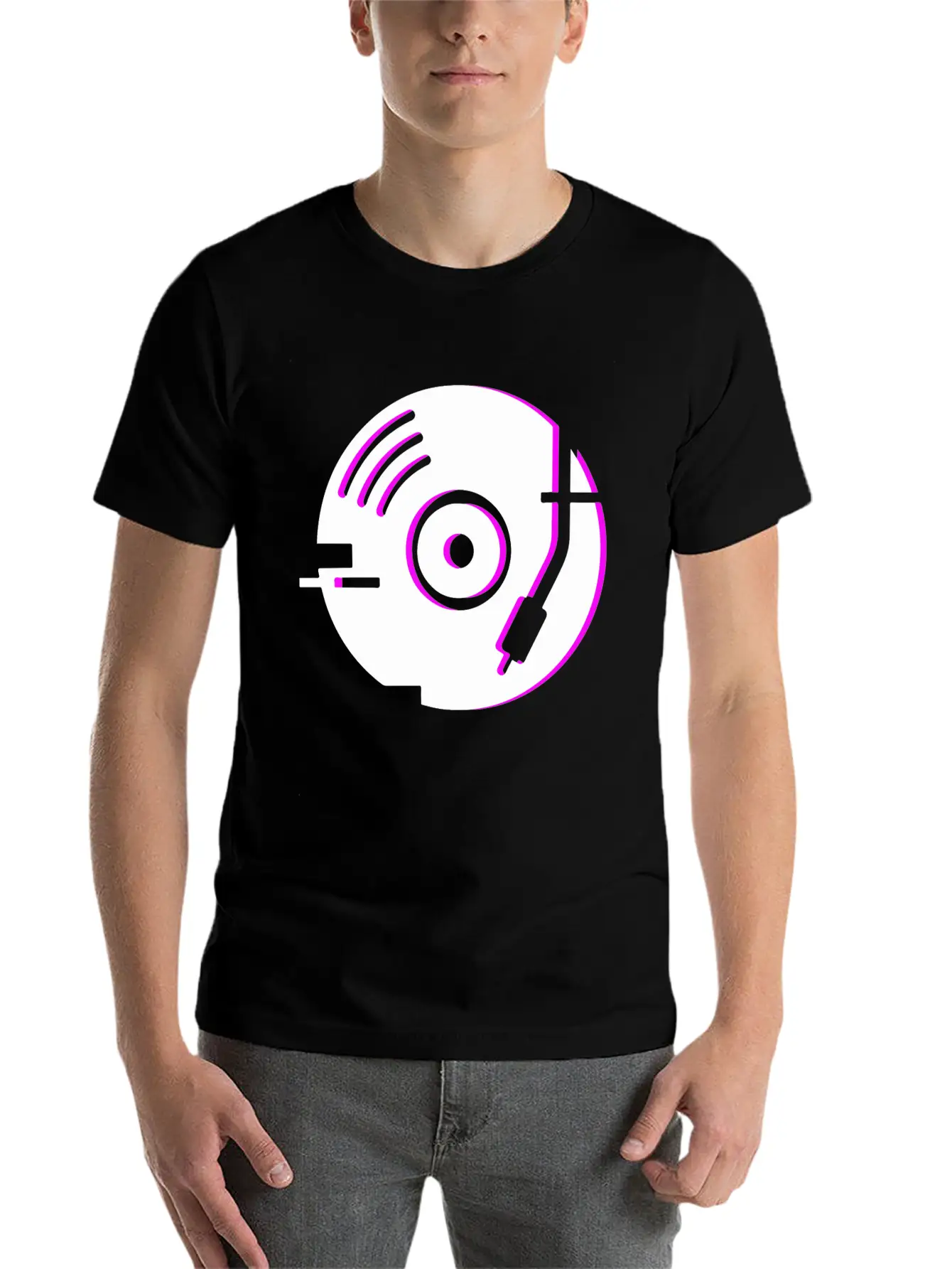 Minimal Glitch Vinyl Record Player Stylish Everyday T-Shirt – Unisex Basic Cotton Tee