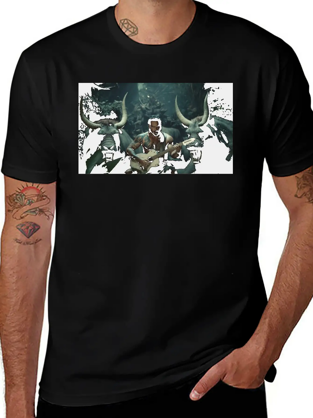 MINOTAURO Playing Aholt Guitar In Jungle Essential Cotton Tee For Daily Outfits – Unisex Style