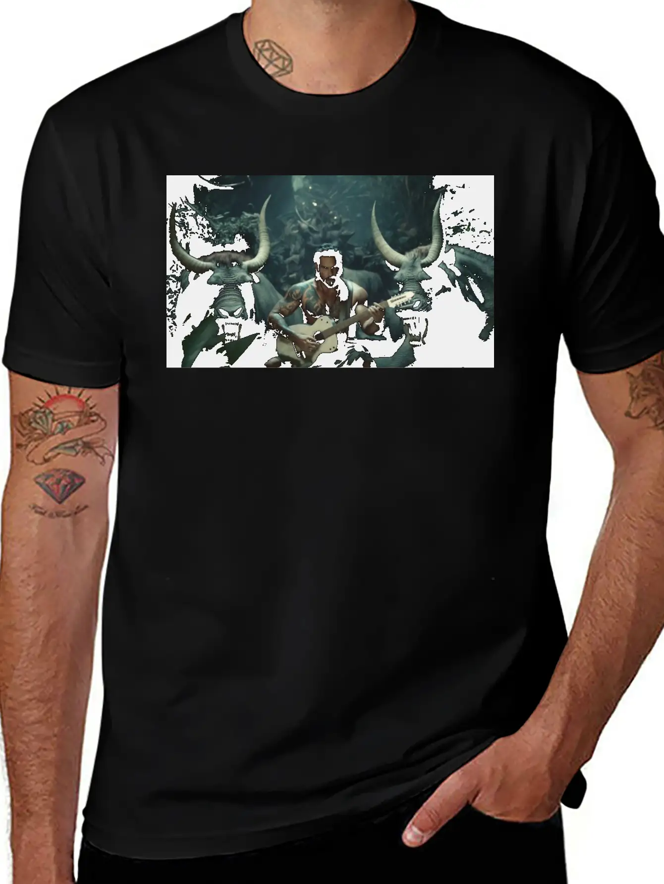 MINOTAURO Playing Aholt Guitar In Jungle Essential Cotton Tee For Daily Outfits – Unisex Style