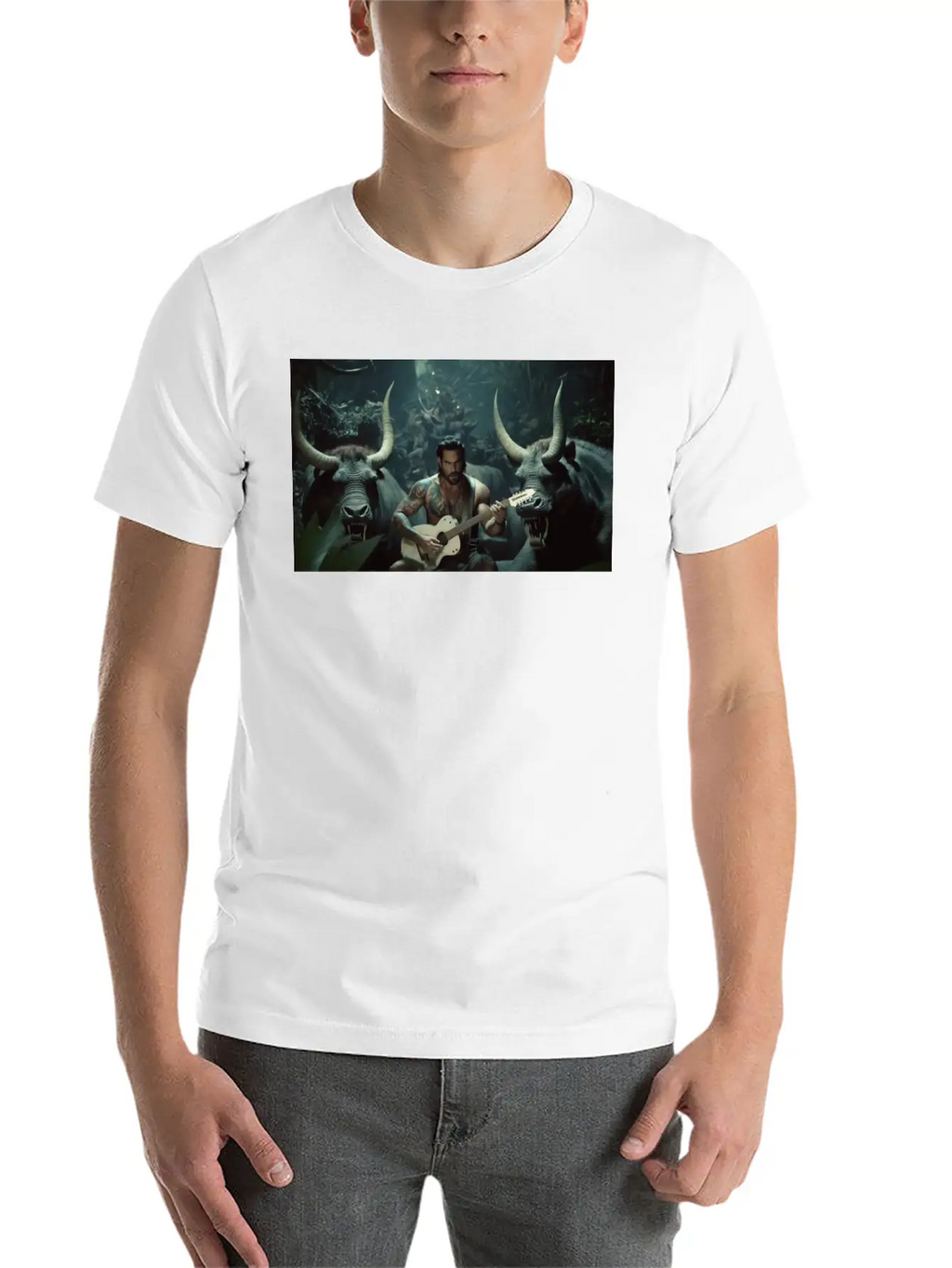 MINOTAURO Playing Aholt Guitar In Jungle Essential Cotton Tee For Daily Outfits – Unisex Style