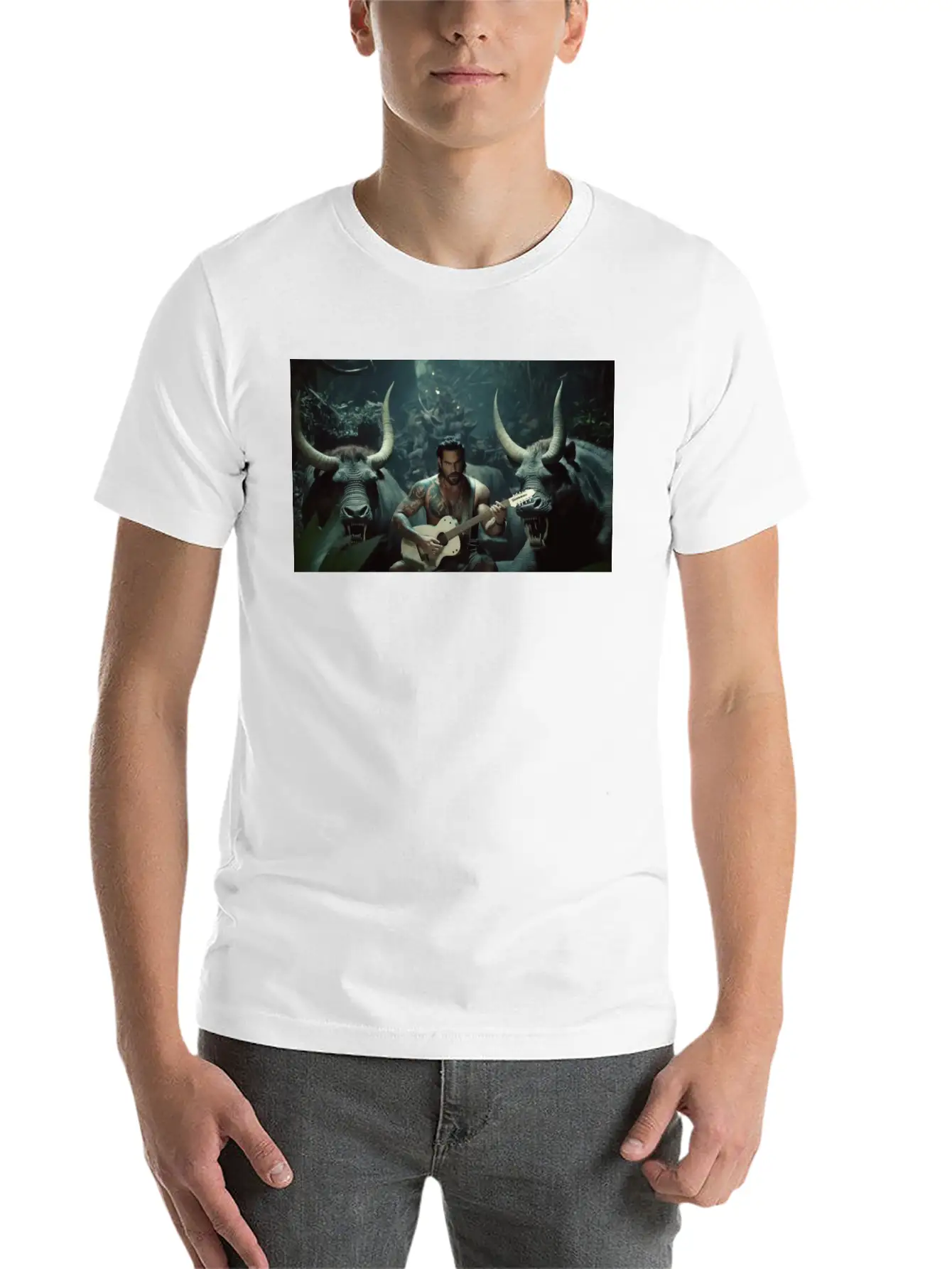 MINOTAURO Playing Aholt Guitar In Jungle Essential Cotton Tee For Daily Outfits – Unisex Style