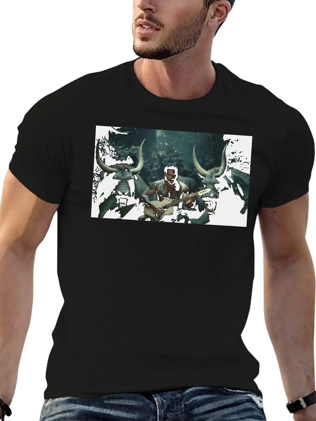 MINOTAURO Playing Aholt Guitar In Jungle Essential Cotton Tee For Daily Outfits – Unisex Style