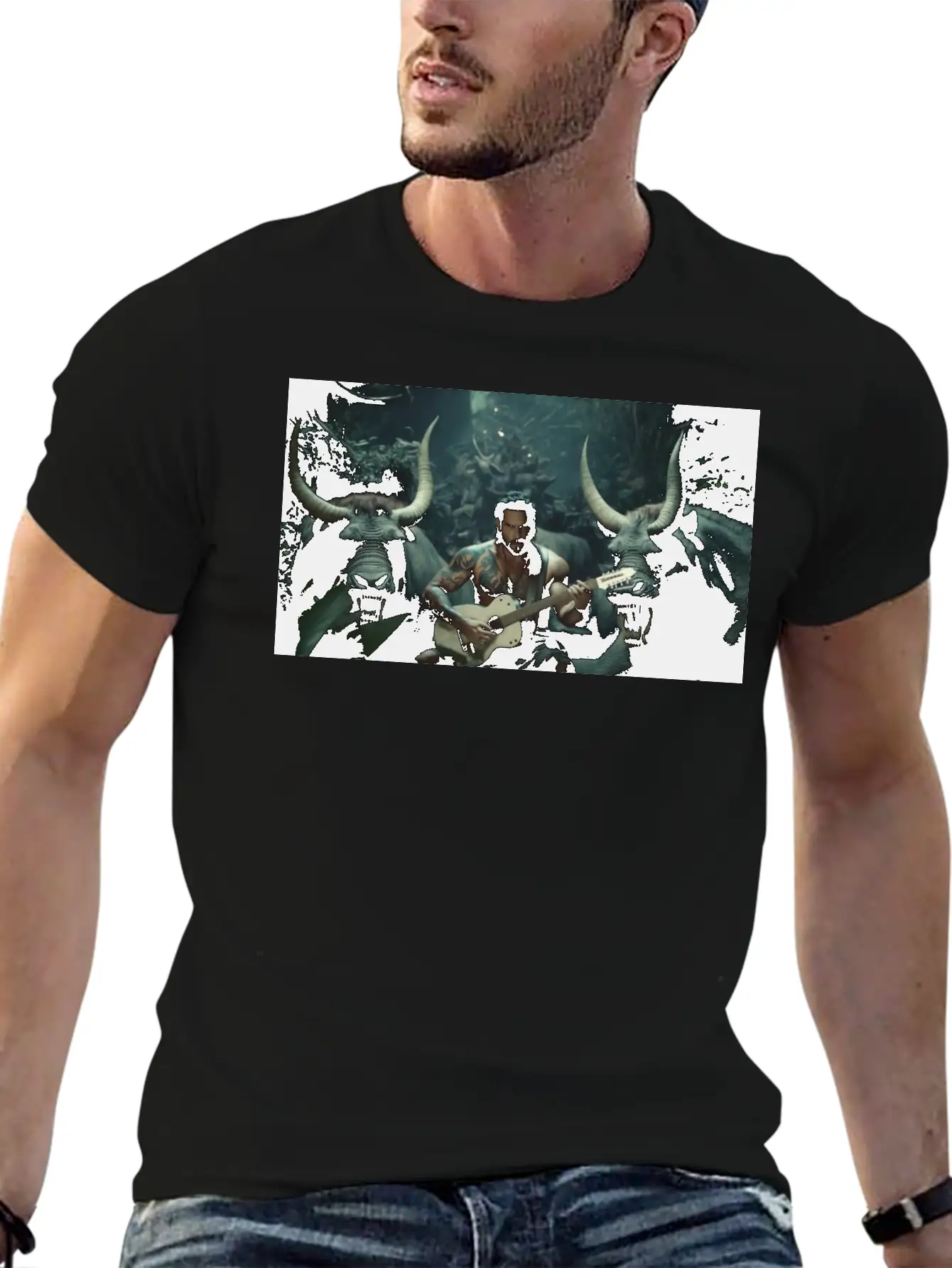 MINOTAURO Playing Aholt Guitar In Jungle Essential Cotton Tee For Daily Outfits – Unisex Style