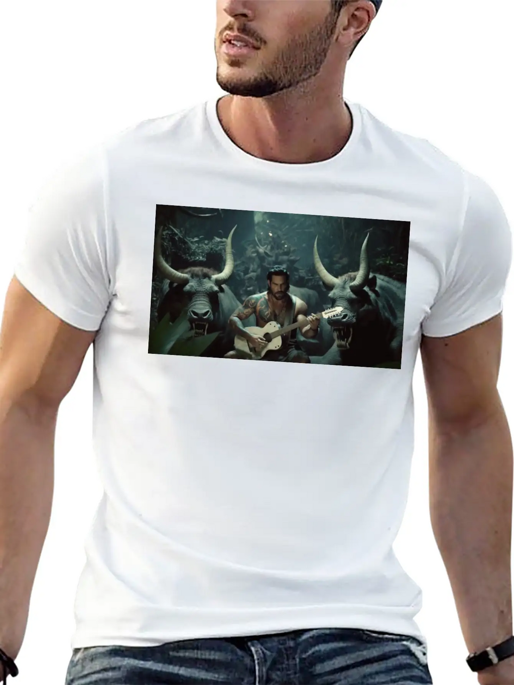 MINOTAURO Playing Aholt Guitar In Jungle Essential Cotton Tee For Daily Outfits – Unisex Style