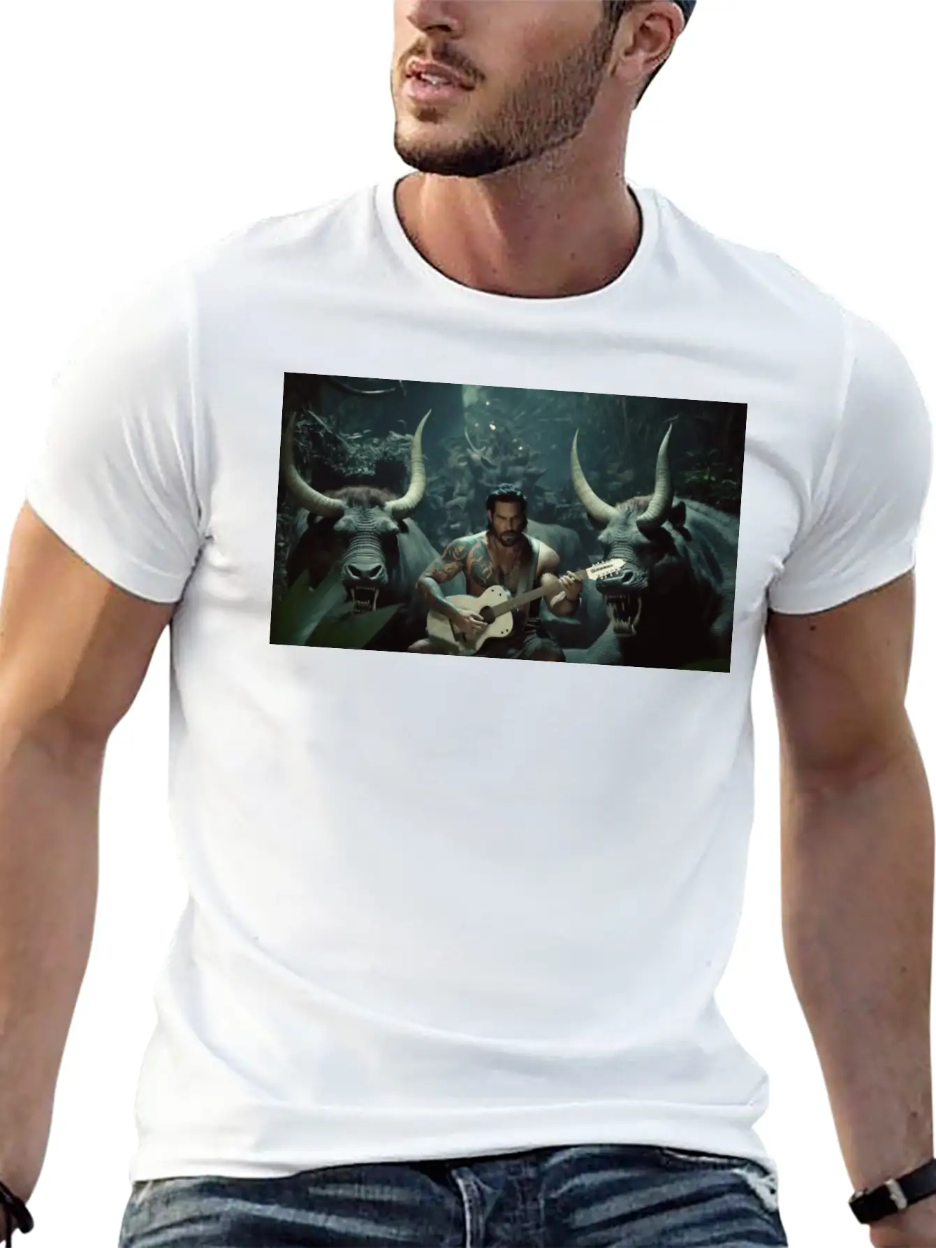 MINOTAURO Playing Aholt Guitar In Jungle Essential Cotton Tee For Daily Outfits – Unisex Style
