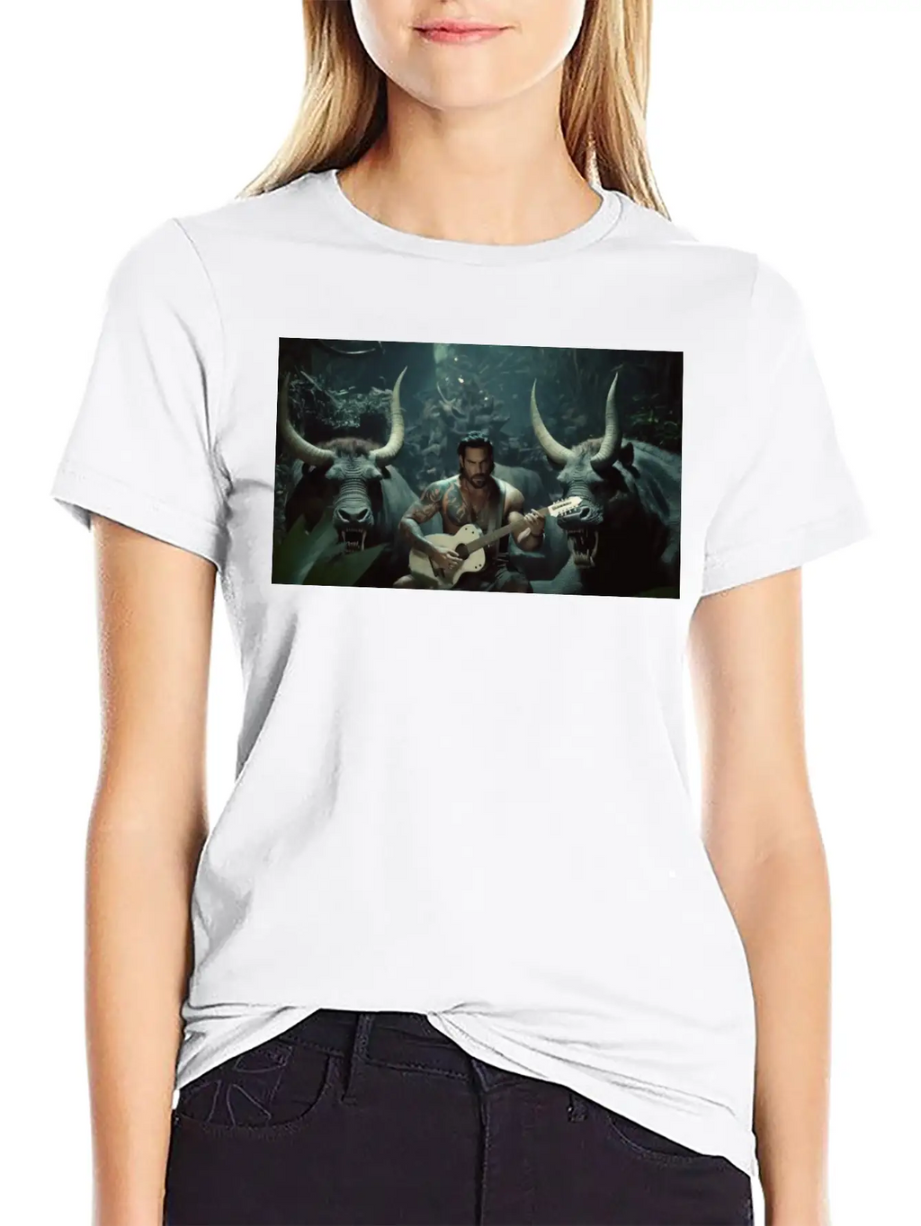 MINOTAURO Playing Aholt Guitar In Jungle Essential Cotton Tee For Daily Outfits – Unisex Style