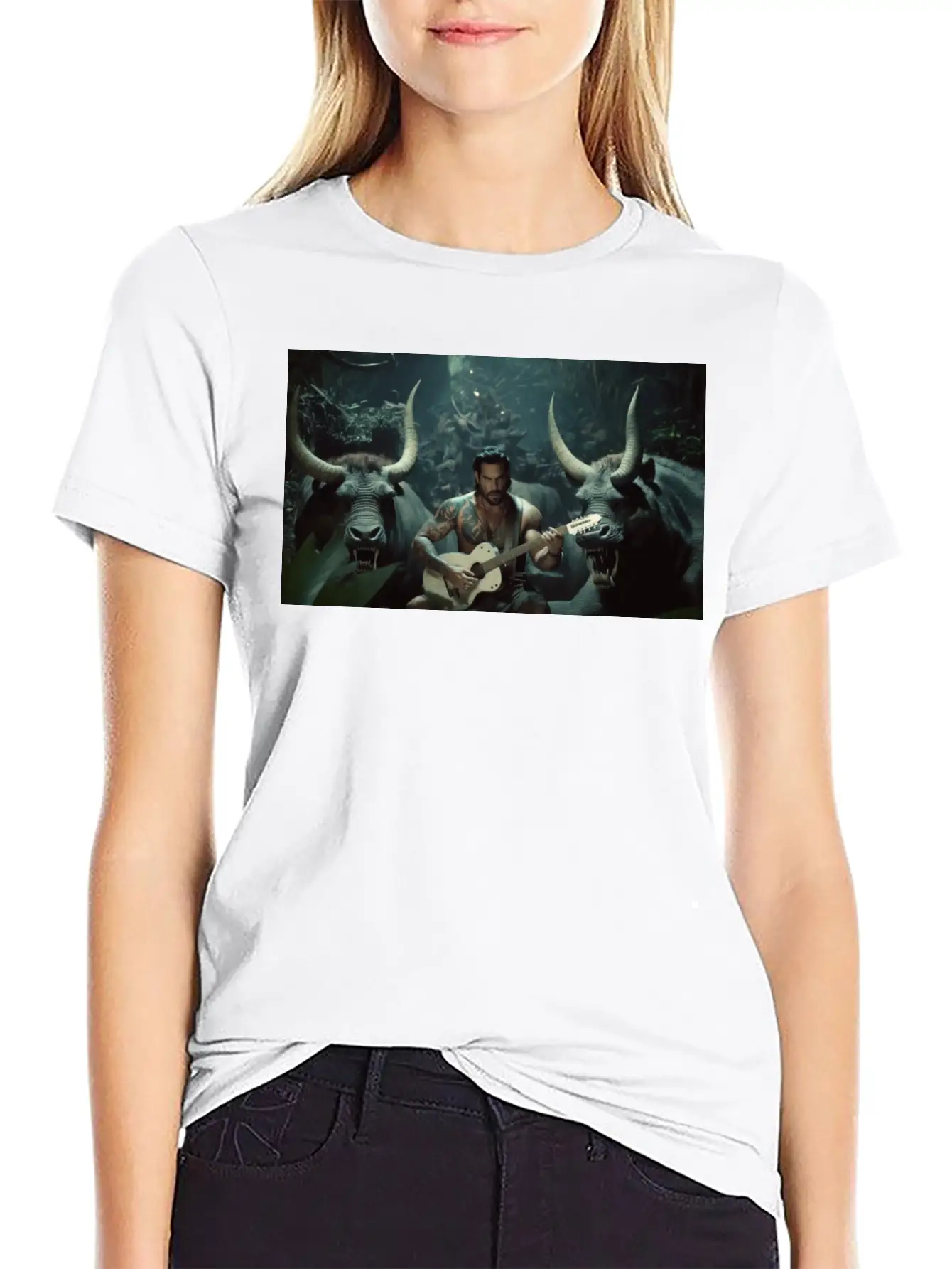 MINOTAURO Playing Aholt Guitar In Jungle Essential Cotton Tee For Daily Outfits – Unisex Style