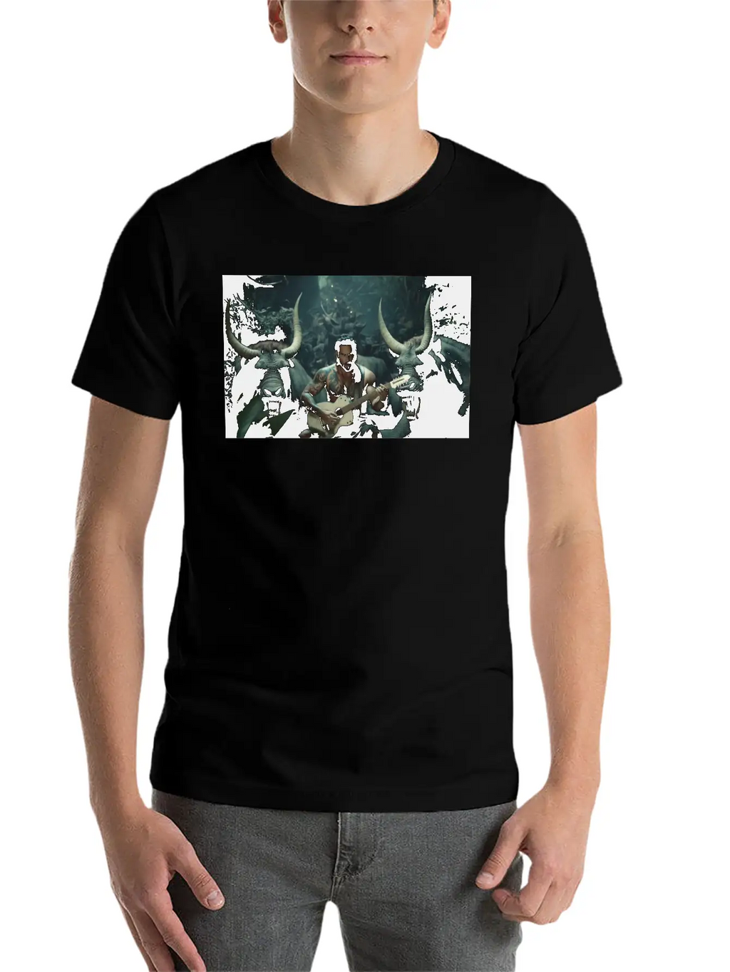 MINOTAURO Playing Aholt Guitar In Jungle Essential Cotton Tee For Daily Outfits – Unisex Style