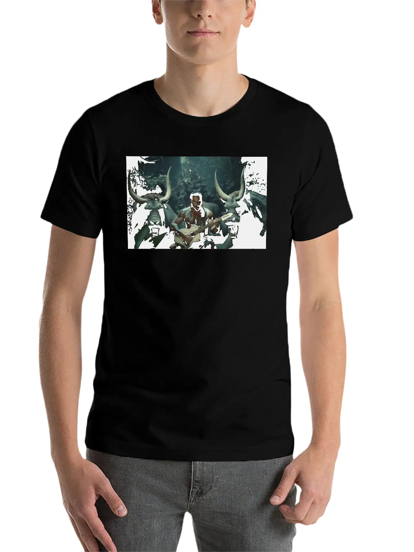 MINOTAURO Playing Aholt Guitar In Jungle Essential Cotton Tee For Daily Outfits – Unisex Style