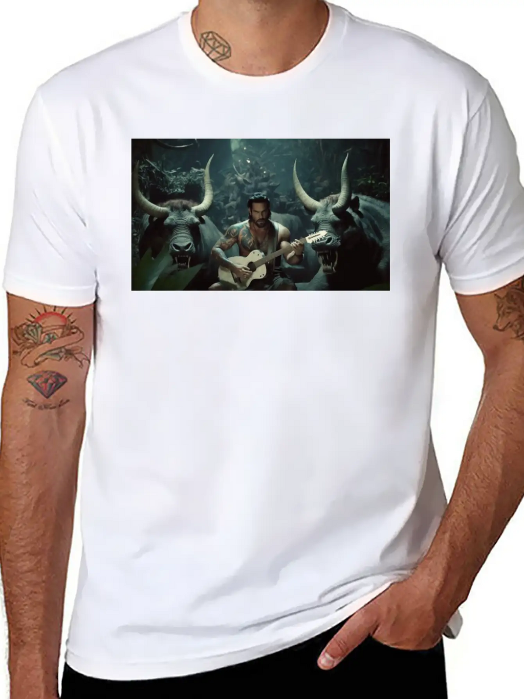 MINOTAURO Playing Aholt Guitar In Jungle Essential Cotton Tee For Daily Outfits – Unisex Style