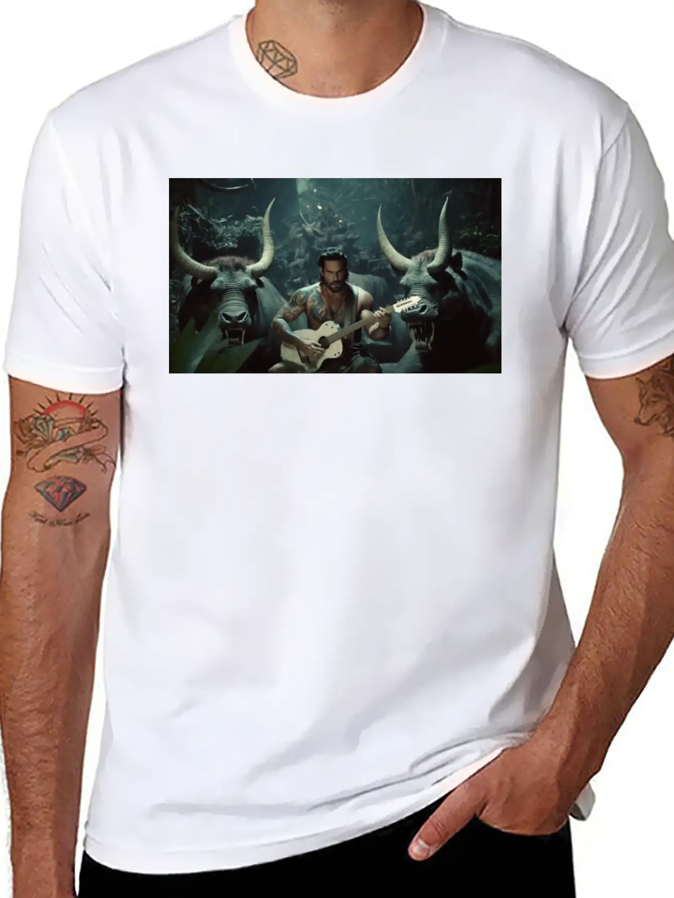 MINOTAURO Playing Aholt Guitar In Jungle Essential Cotton Tee For Daily Outfits – Unisex Style