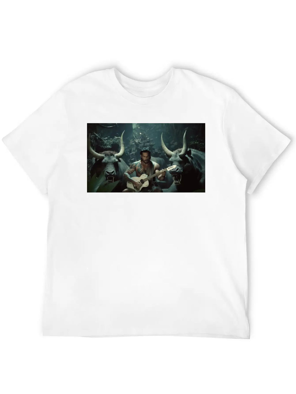 MINOTAURO Playing Aholt Guitar In Jungle Essential Cotton Tee For Daily Outfits – Unisex Style
