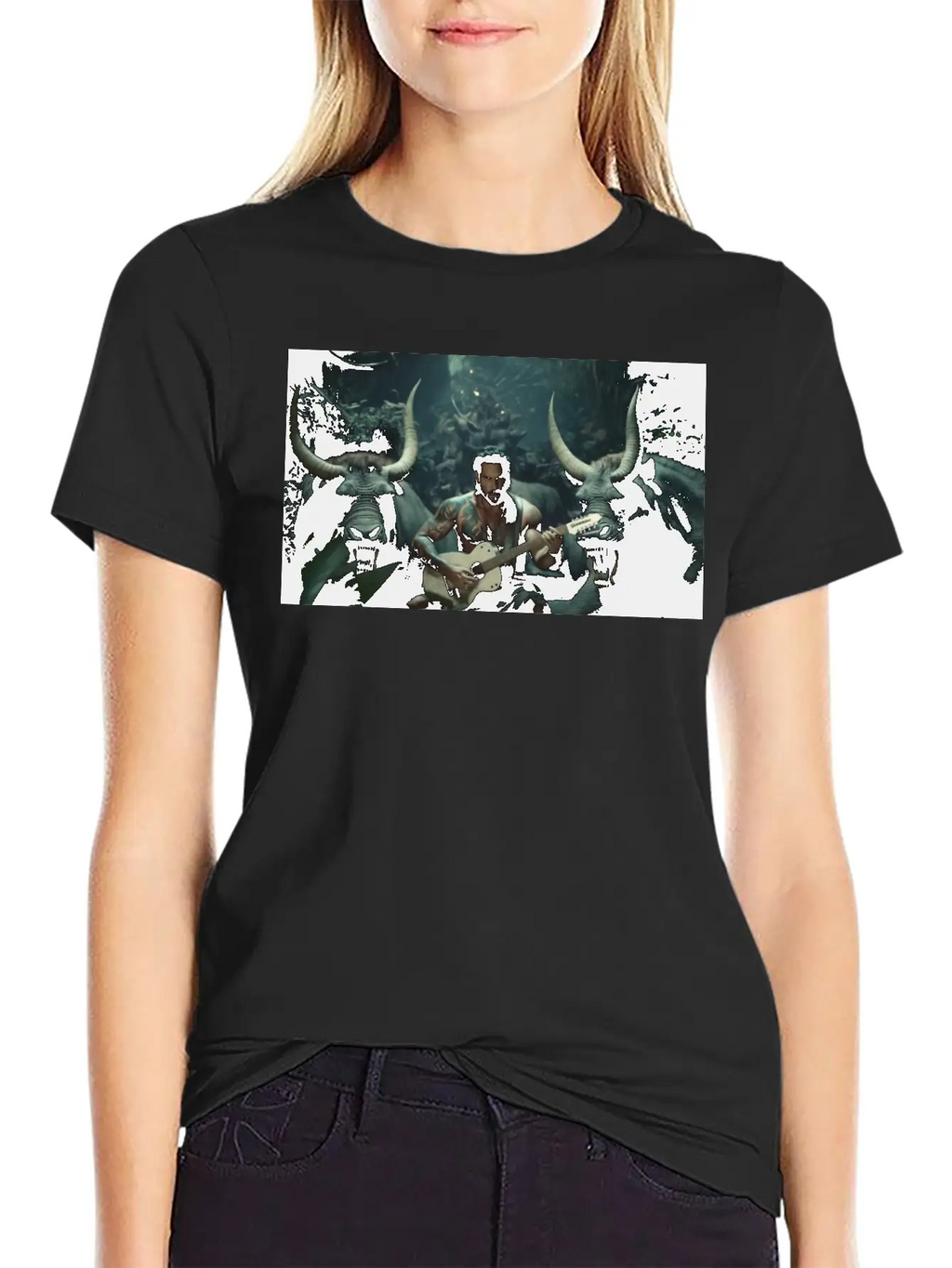 MINOTAURO Playing Aholt Guitar In Jungle Essential Cotton Tee For Daily Outfits – Unisex Style