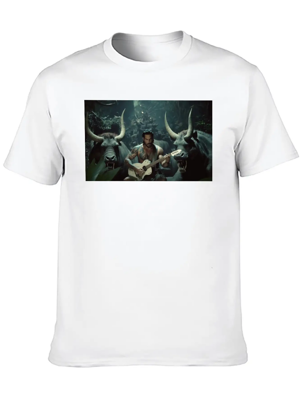 MINOTAURO Playing Aholt Guitar In Jungle Essential Cotton Tee For Daily Outfits – Unisex Style