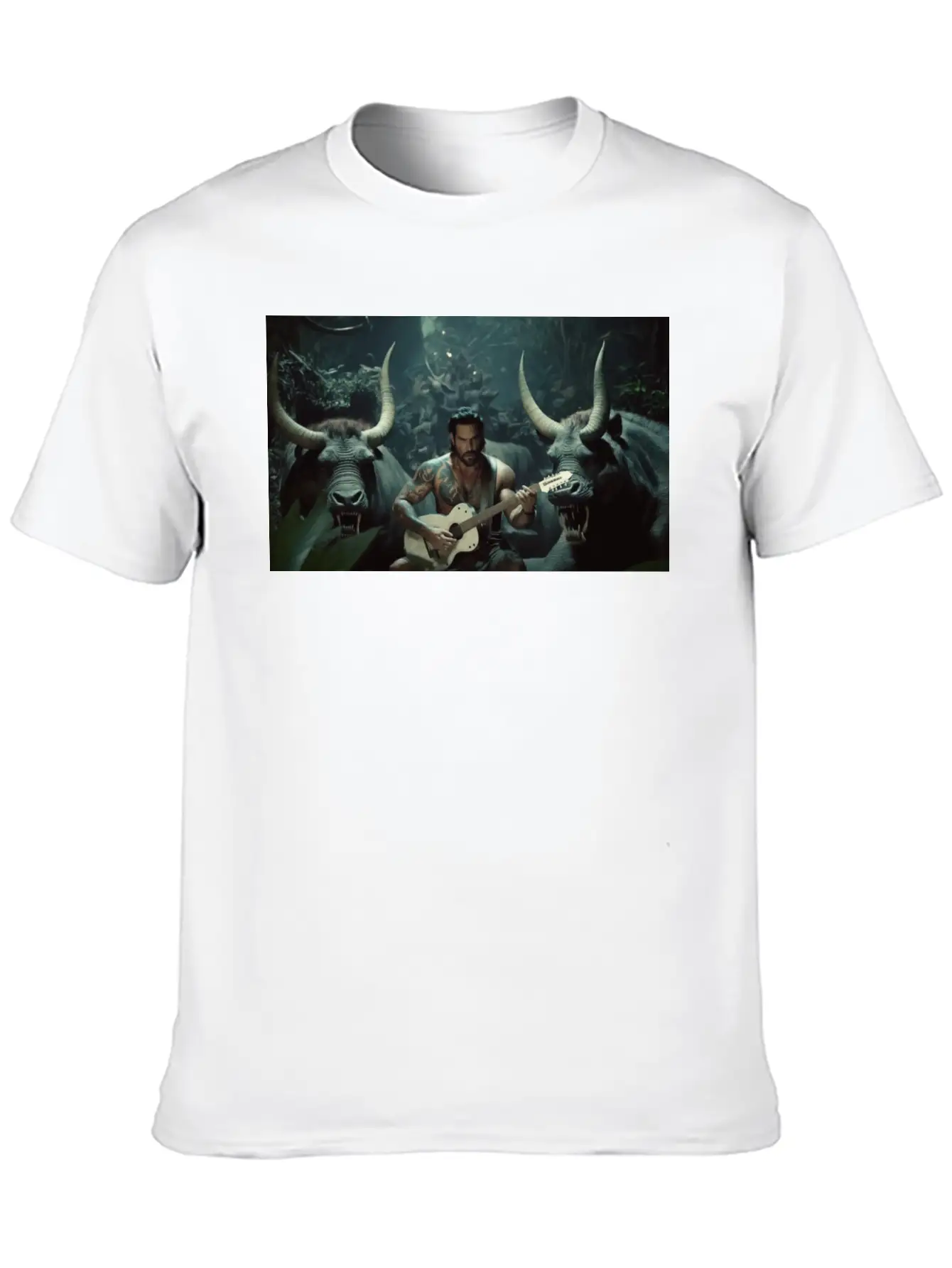 MINOTAURO Playing Aholt Guitar In Jungle Essential Cotton Tee For Daily Outfits – Unisex Style