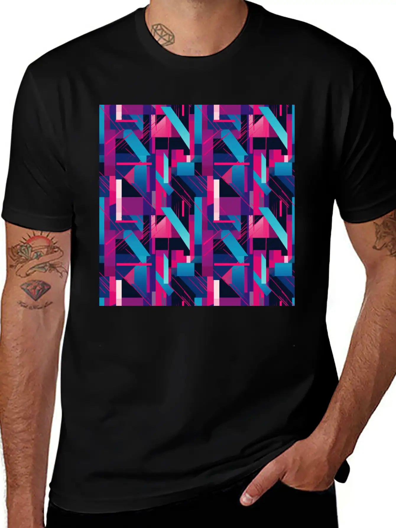 Modern Geometric Dance In Pink, Blue, And Violet Timeless Short Sleeve Tee – Comfy And Minimalist Design