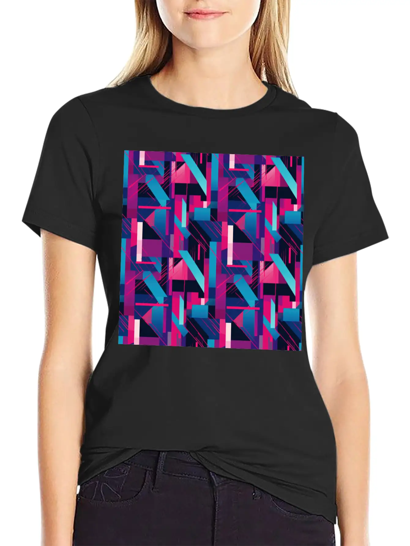 Modern Geometric Dance In Pink, Blue, And Violet Timeless Short Sleeve Tee – Comfy And Minimalist Design