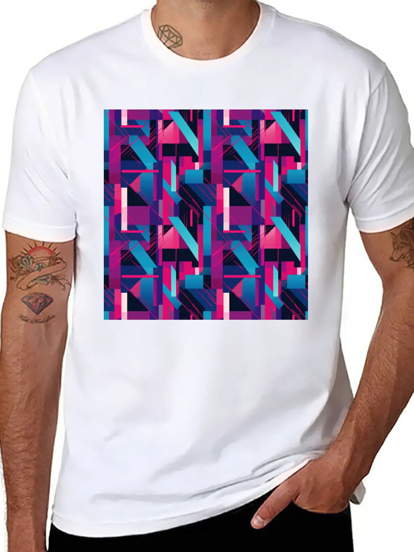 Modern Geometric Dance In Pink, Blue, And Violet Timeless Short Sleeve Tee – Comfy And Minimalist Design