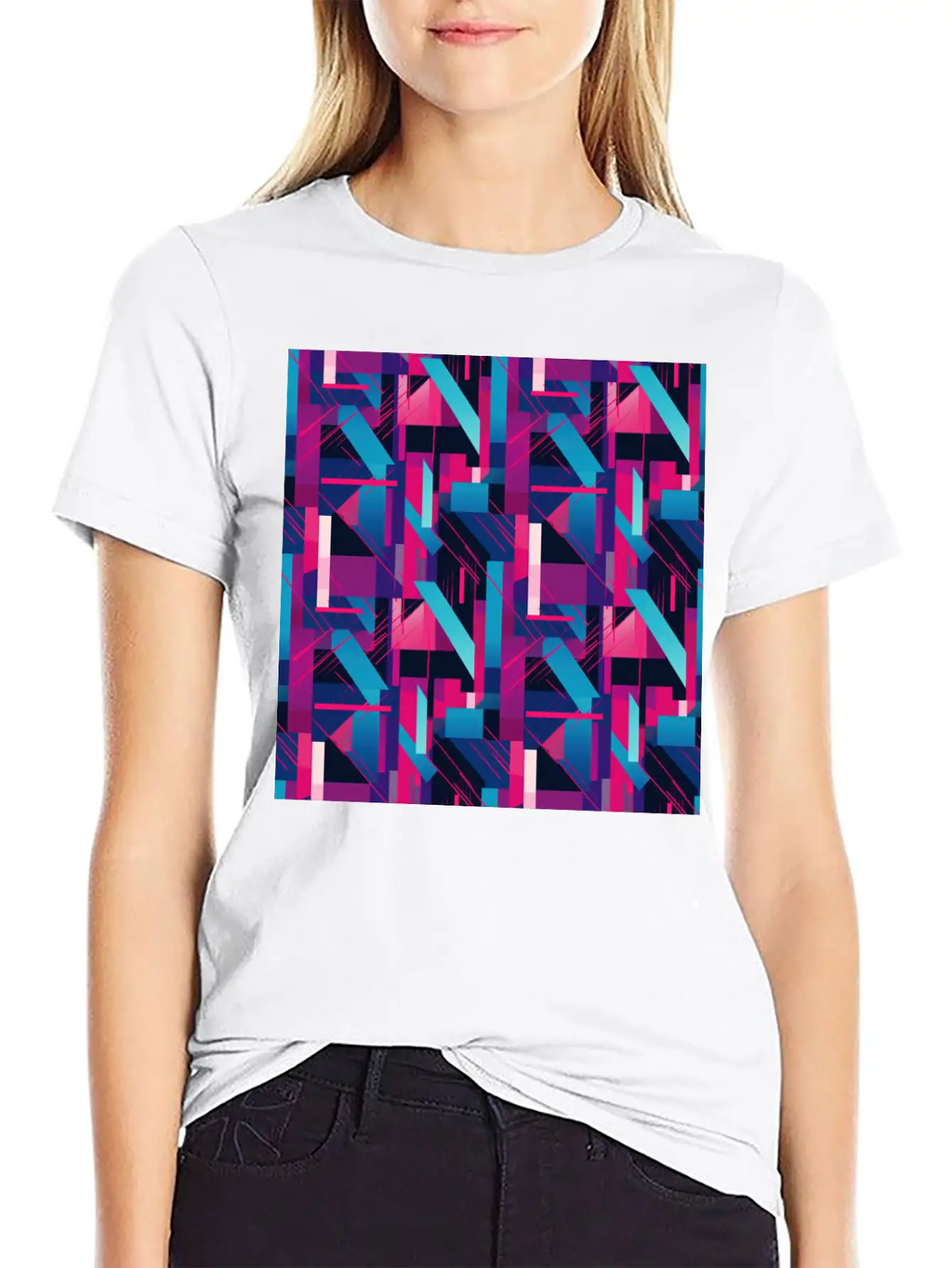 Modern Geometric Dance In Pink, Blue, And Violet Timeless Short Sleeve Tee – Comfy And Minimalist Design