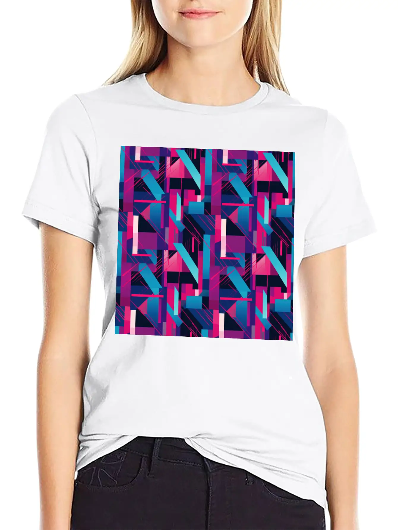 Modern Geometric Dance In Pink, Blue, And Violet Timeless Short Sleeve Tee – Comfy And Minimalist Design
