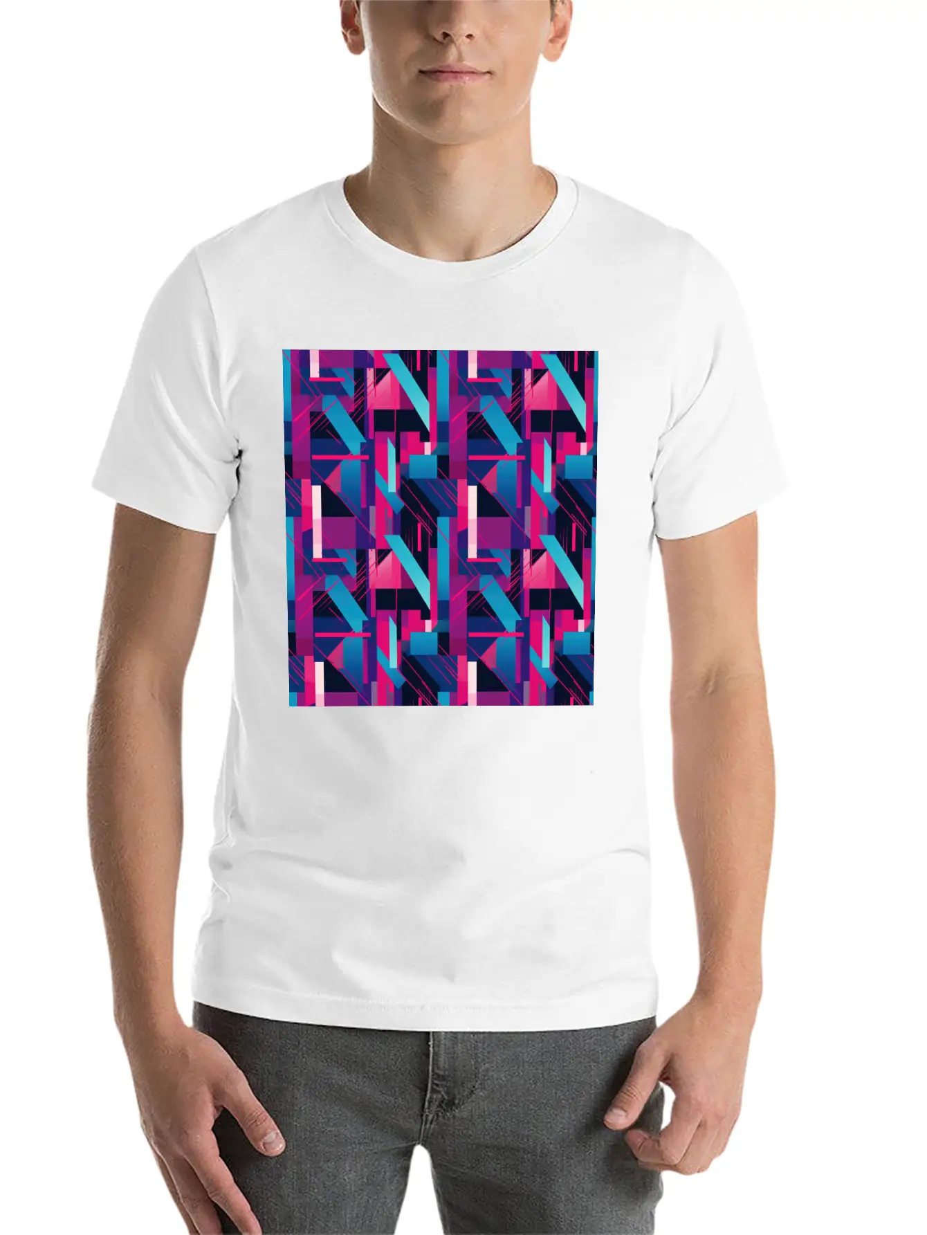 Modern Geometric Dance In Pink, Blue, And Violet Timeless Short Sleeve Tee – Comfy And Minimalist Design