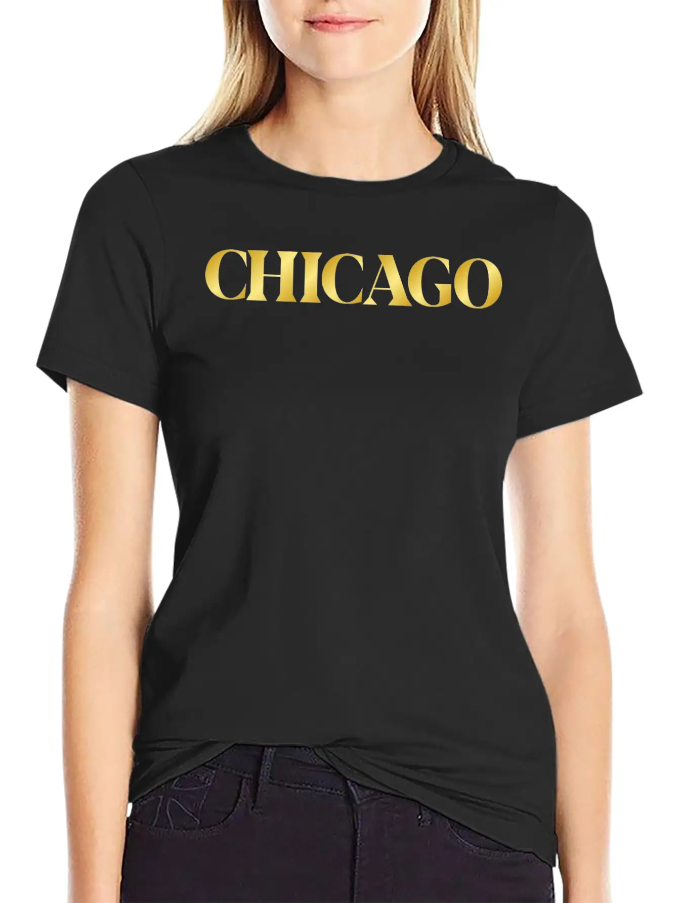 Modern Gold Glam Chicago City Typography Timeless Short Sleeve Tee – Comfy And Minimalist Design