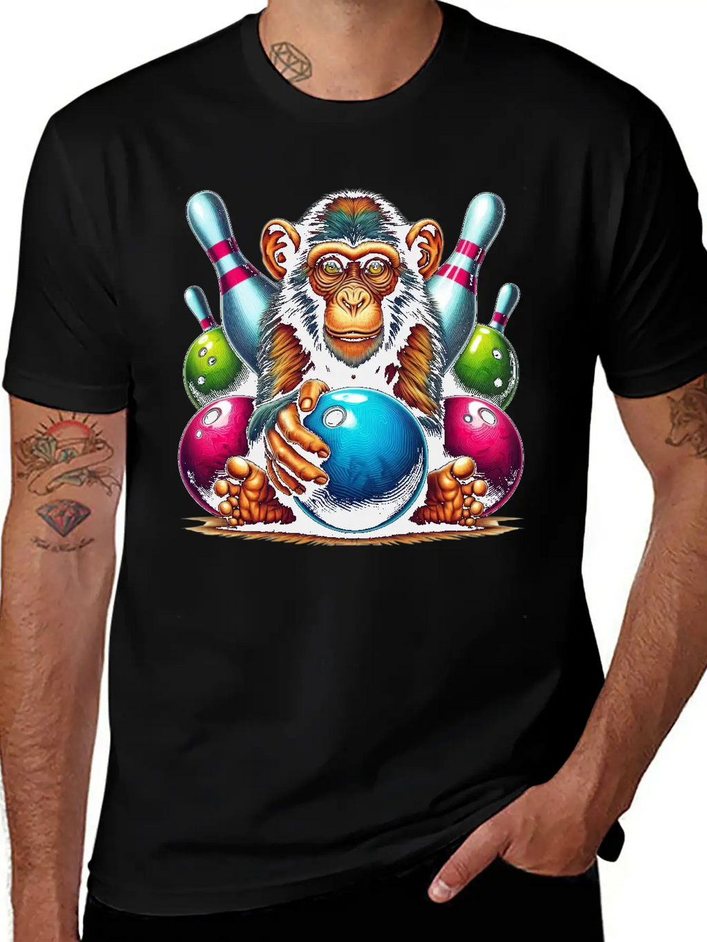 Monkey Playing Bowling Sports Lover Animal Basic Graphic T-Shirt – Daily Comfort In Soft Cotton