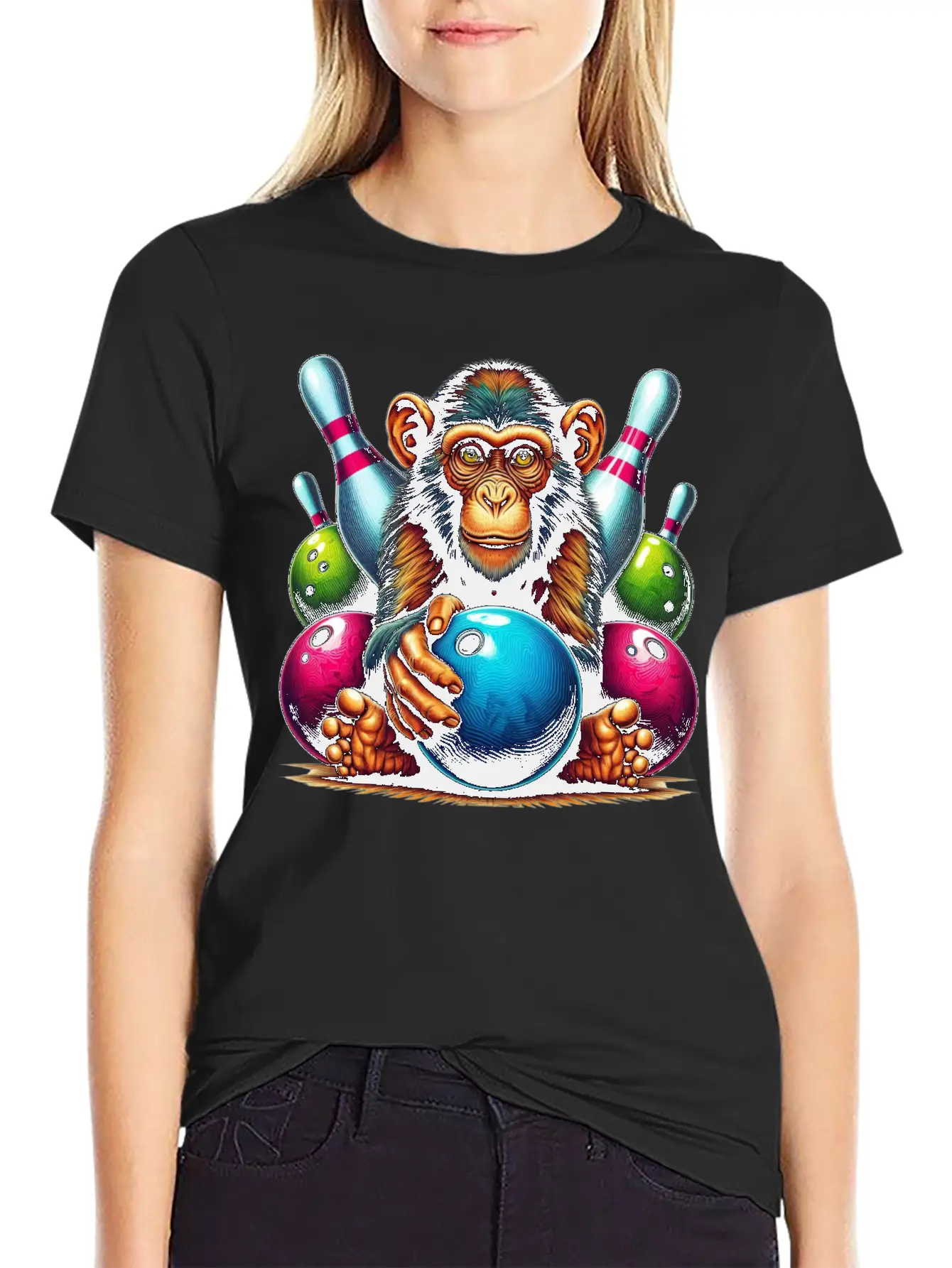 Monkey Playing Bowling Sports Lover Animal Basic Graphic T-Shirt – Daily Comfort In Soft Cotton