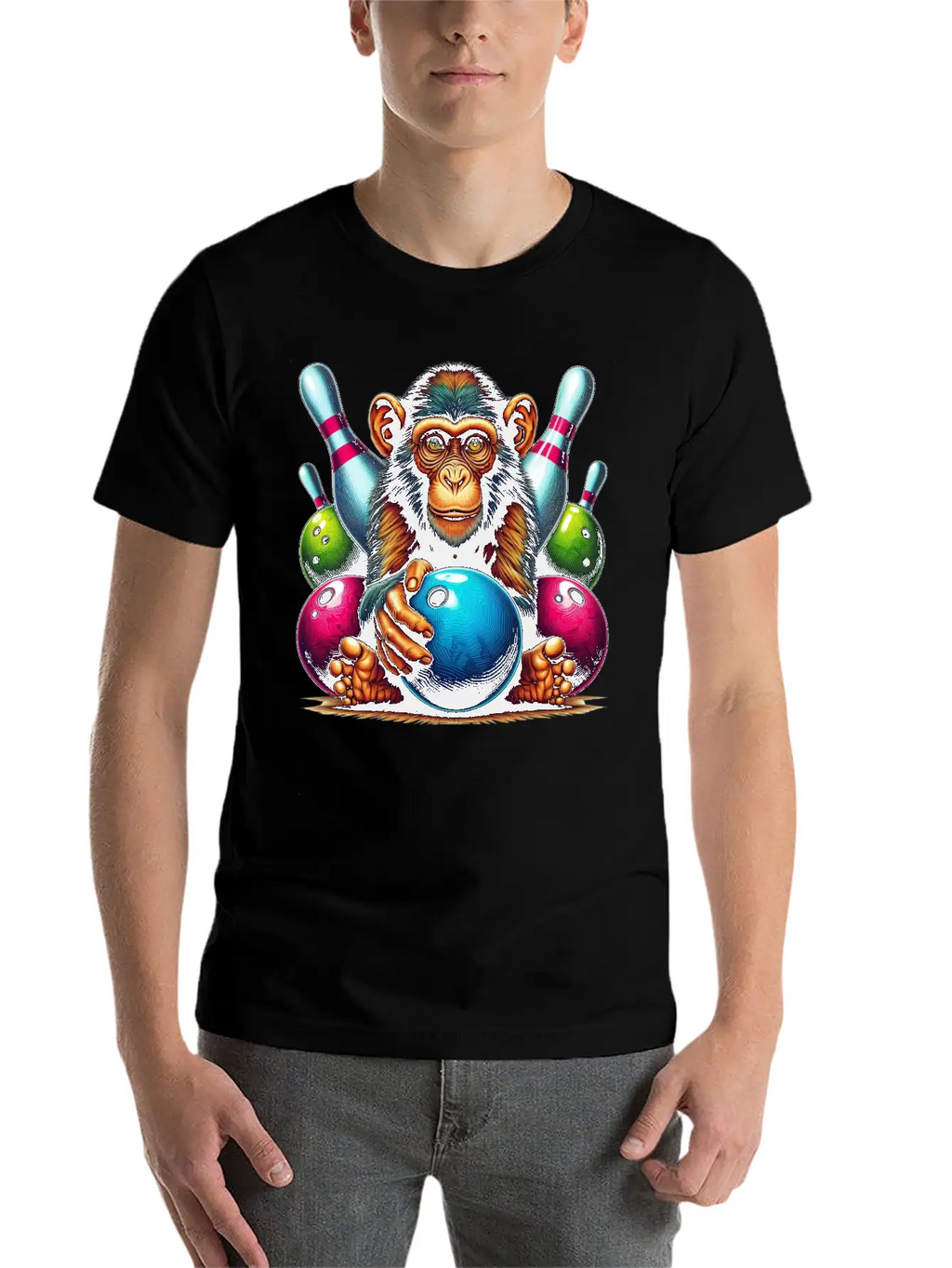 Monkey Playing Bowling Sports Lover Animal Basic Graphic T-Shirt – Daily Comfort In Soft Cotton