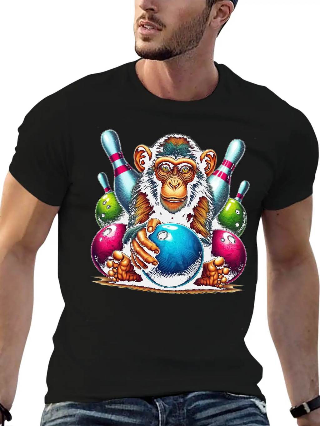 Monkey Playing Bowling Sports Lover Animal Basic Graphic T-Shirt – Daily Comfort In Soft Cotton
